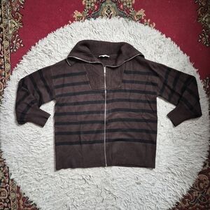 WeWoreWhat Zip Up Cardigan Sweater Oversized Stripes Chocolate Brown S/M ✨️